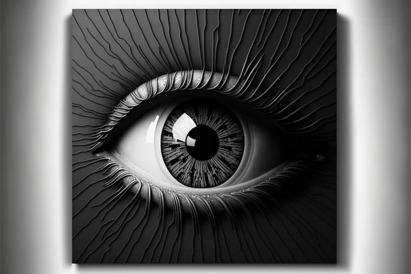 a black and white photo of an eye with a shadow on it's side, with a white background and a black and white background with a white rectangle of a black eye. .
