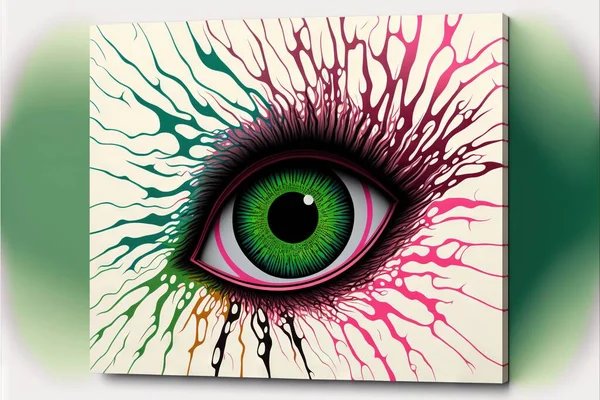 a painting of a green eye with a pink swirl around it\'s irise and a green eyeball in the center of the painting is a white background with a green and pink and green. .