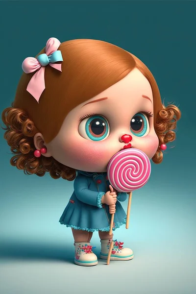 a little girl holding a giant lollipop in her hand and wearing a blue dress and pink bowtie, with a blue background of a teal blue sky and white background,. .