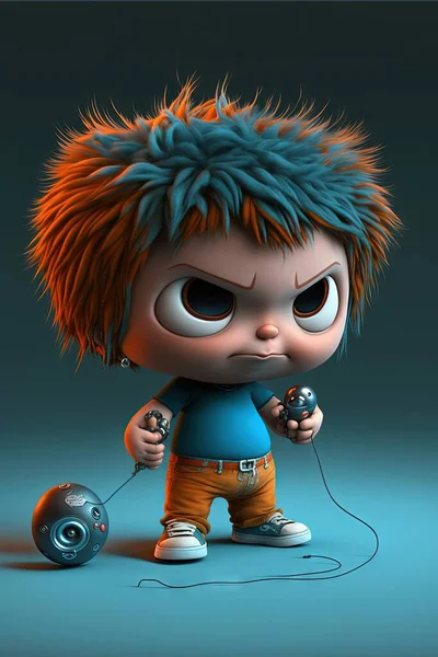 a cartoon character with a blue shirt and orange hair holding a remote control in his hand and a ball in his other hand, with a black background and blue background with a gray backdrop. .