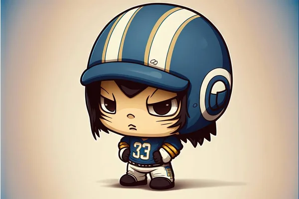 a cartoon character with a football helmet on and a number 33 on it\'s shirt, standing in front of a beige background with a blue background and white border, with a shadow. .