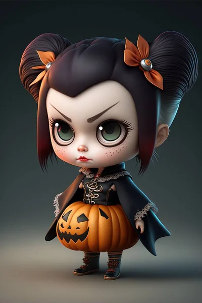 a cartoon character with a pumpkin in her hand and a black cape on her head, standing in front of a dark background, with a black background, dim light, dim lighting,. .