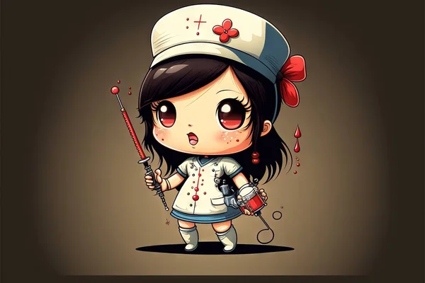 a cartoon girl with a bloody face holding a knife and a bloody needle in her hand and a blood drip on her face and a brown background with a black border with a red spot. .