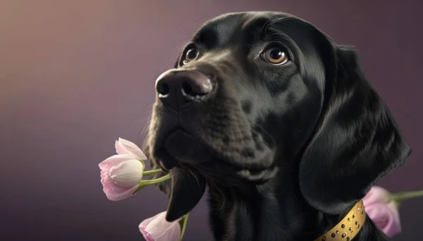 A black dog with a yellow collar holding a flower in its mouth.