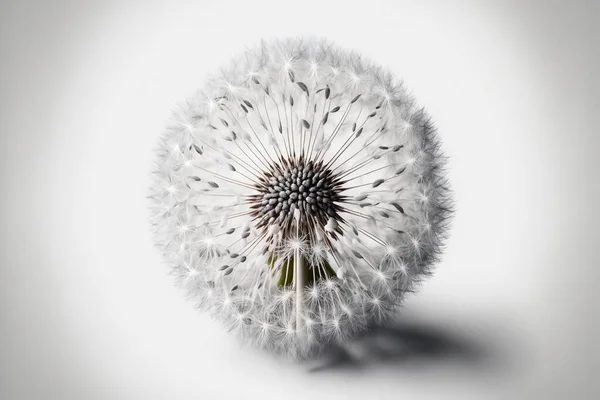 a dandelion with a white background and a black center piece in the middle of the dandelion is a white background and a light gray background is in the middle of the picture.