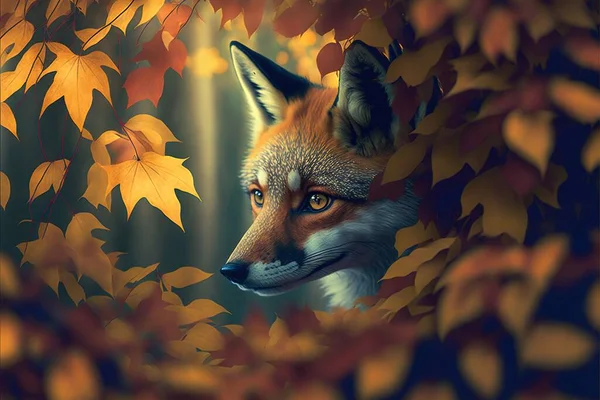 a fox is peeking out from a forest of leaves with its eyes open and a background of fall leaves is shown in the foreground and the background, with a dark blue sky and.