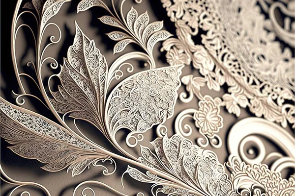 a close up of a decorative design on a wallpaper background with a gold leaf pattern on the left side of the image and a black background with a white border on the right side.