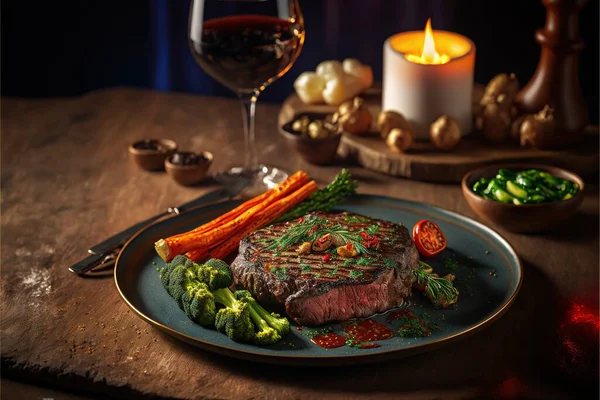 a steak and vegetables on a plate with a candle and wine glass in the background on a table with a candle and a candle holder on it, and a candle holder with a candle.