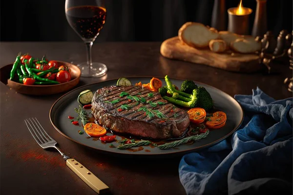 a steak with vegetables and a glass of wine on a table with a knife and fork and a plate of bread and vegetables on a table with a glass of wine and a candle and a.