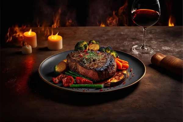 a steak with vegetables and a glass of wine on a table with candles and candlesticks in the background and a lit candle in the background with a candlelight on the table top.