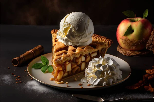 a slice of pie with ice cream on top of it and a scoop of vanilla ice cream on top of it on a plate with a spoon and a cinnamon stick and a cinnamon stick.