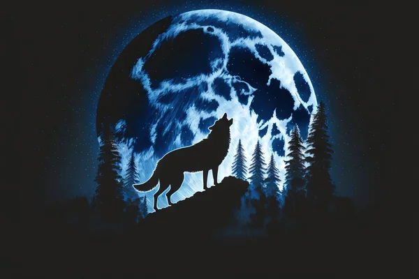 a wolf standing on a hill in front of a full moon with trees and a forest silhouetted by the moon's shadow, with a black background of a blue sky with stars and a full moon.