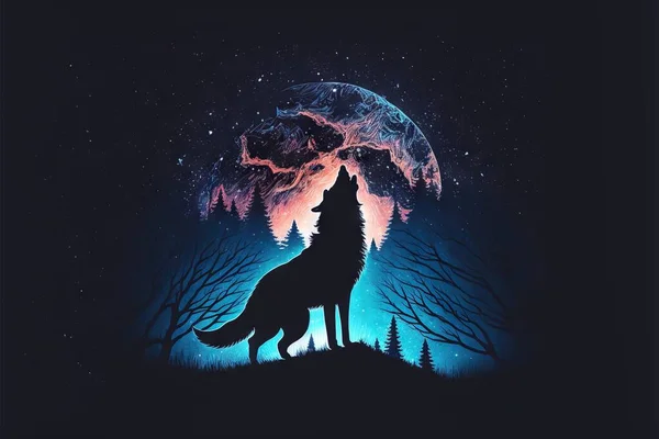 a wolf standing on a hill with a full moon in the background and trees in the foreground, with a full moon in the background, and a full moon in the foreground.