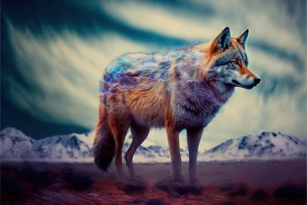 a digital painting of a wolf standing in a field with mountains in the background and clouds in the sky above it, with a blue and orange hued background, with a red hue.