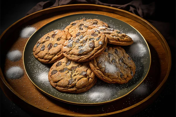 a plate of cookies on a table with a cloth on it and a cloth on the table behind it and a wooden tray with a plate of cookies on it and a table cloth with. .