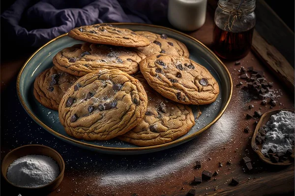 a plate of cookies and chocolate chips on a table with a glass of milk and a spoon of chocolate chips on the side of the plate and a bottle of milk and a spoon on the.