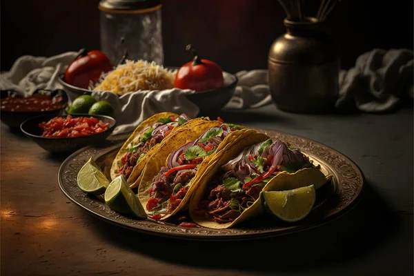 a plate of tacos and a bowl of salsa and limes on a table with a cloth and a silver pot of rice and a silver shaker and a silver spoon and a.
