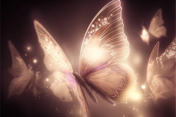 a butterfly flying in the air with a lot of light on it\'s wings and a pink frame around it\'s edges and a black background with a pink border and white border.