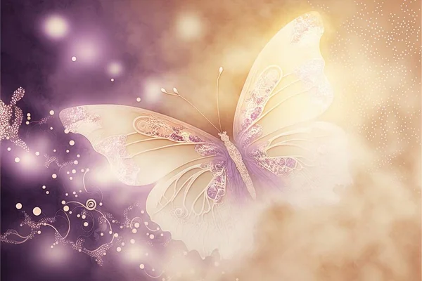 a butterfly flying through the air with a purple background and stars in the sky behind it, with a light purple background and a light purple background with a pattern of bubbles and a light.