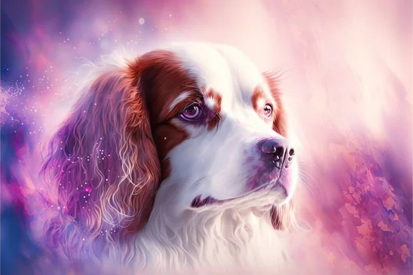 a dog with a purple background and a pink background with a white dog with a brown spot on it\'s face and a pink background with a purple spot on it\'s head.