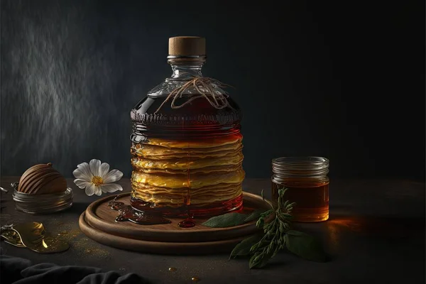 a bottle of honey and some honeycombs on a table with a flower and a spoon on it and a plate with honeycombs on it and a dark background with a flower.