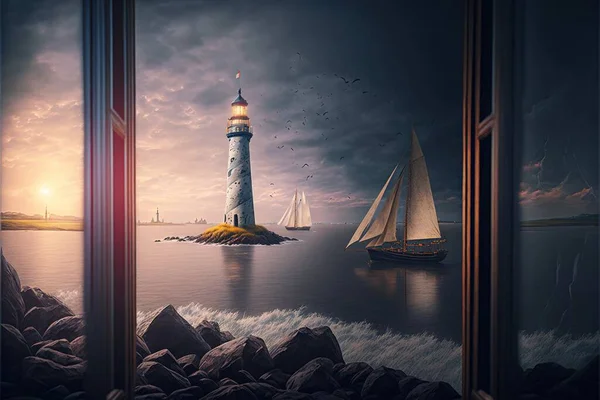 a lighthouse with a sailboat in the water and a lighthouse in the distance with a sunset in the background and a boat out front of the window with a sailboat in the water.