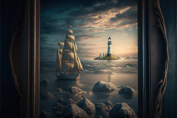 a painting of a sailboat in the ocean with a lighthouse in the background and a framed picture of the ocean with rocks and a lighthouse in the foreground, with a cloudy sky.