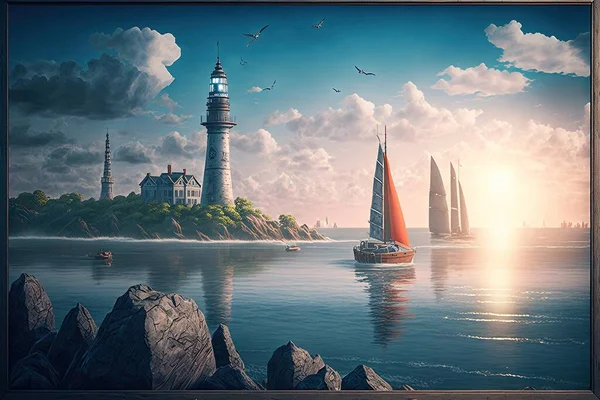 a painting of a lighthouse and sailboats in the water with a lighthouse in the background and a lighthouse in the foreground with a bird flying bird in the sky above the water and a.