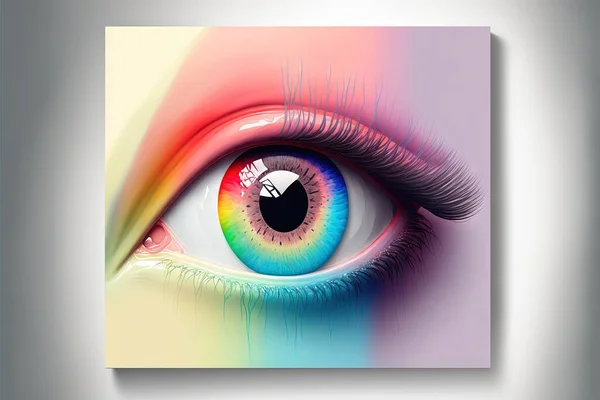 a colorful eye with a black circle in the center of it's irise and a rainbow - colored background with a white square shadow over the eye and a white background with a black circle.