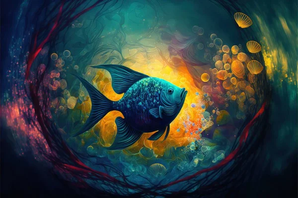 a painting of a fish in a deep blue sea with bubbles and bubbles around it, with a yellow light coming from the bottom of the fish\'s head and a dark blue background.