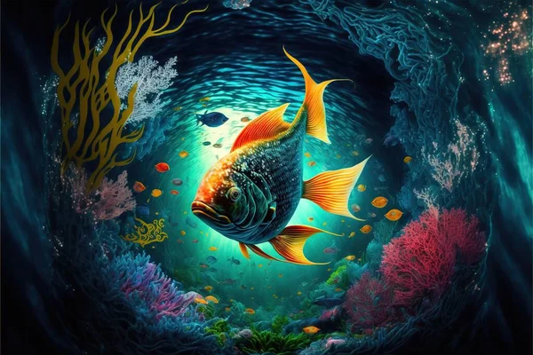 a painting of a goldfish in a deep blue sea with corals and algaes around it, with a light shining on the water surface and a coral reef behind it, and a few fish.