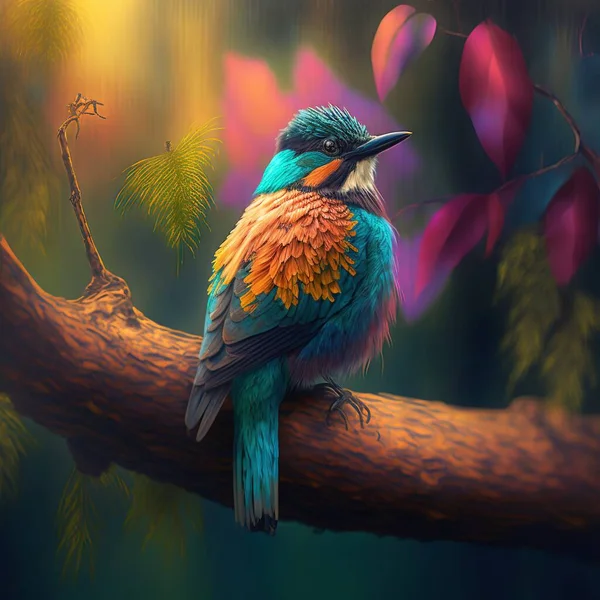 a colorful bird sitting on a branch of a tree with leaves in the background and a colorful background behind it, with a blurry background of leaves and a branch with a bird on.