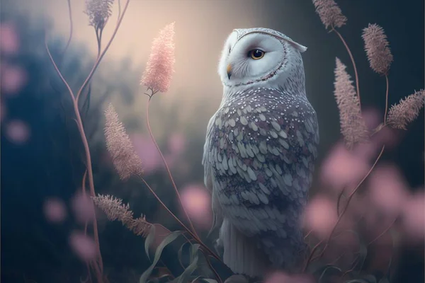 a white owl sitting on top of a tree filled with flowers and plants in the night sky with a full moon behind it and a blurry background of pink flowers and a dark sky.