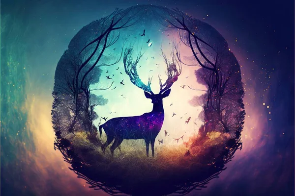a deer standing in a forest with trees and birds flying around it, with a blue and purple background and a circular picture of trees and birds in the center of the image is a.