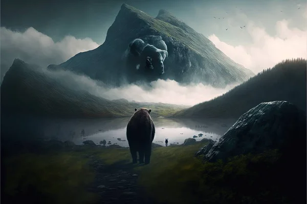 a bear standing in a field next to a mountain with a giant animal on it\'s back and a man standing in the background with a bear in the foreground, with a mountain,.
