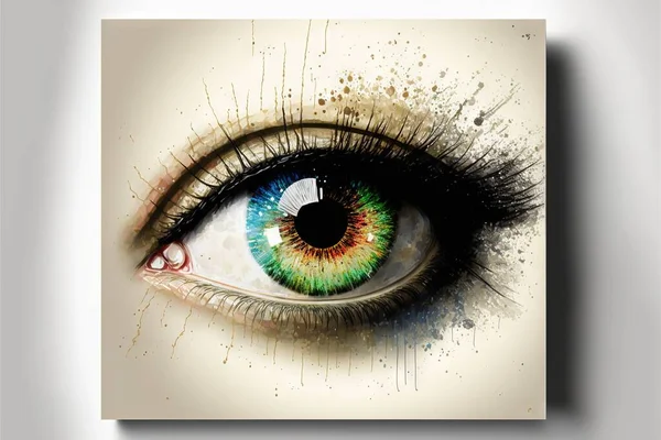 a painting of a green eye with a teary eyeball in the center of the eye and a white background with a white spot in the middle of the eye and a white background.