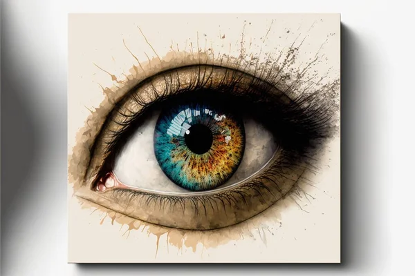 a painting of a blue eye with brown spots on it\'s iris and a tear of blood on the iris of the eye, with a white background of a white wall and a white backdrop.