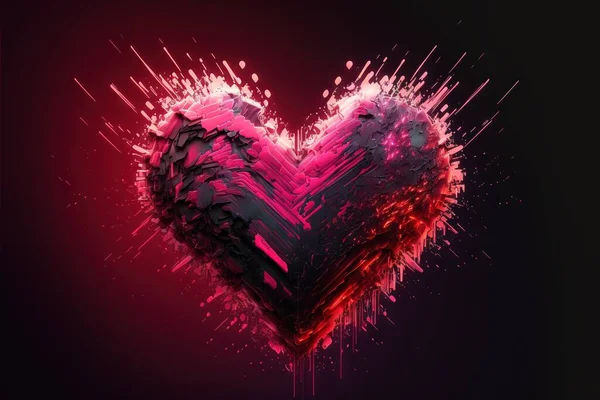 a heart shaped object with paint splatters on it's surface and a black background with a red and pink background and a black background with a red and white heart shaped with a.