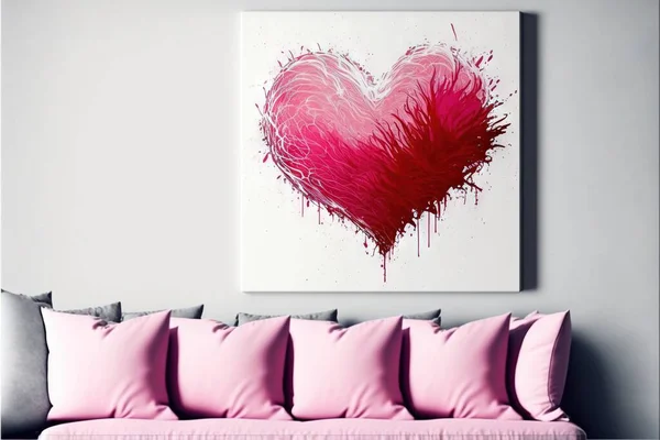 a pink couch with a painting of a heart on the wall above it and a pink couch with pillows on the side of it and a white wall behind it, with a pink couch.