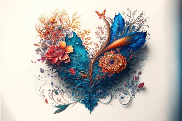 a painting of a blue bird with flowers and a butterfly on it\'s back side, with a white background and a blue background with a white border and a red and orange flower.