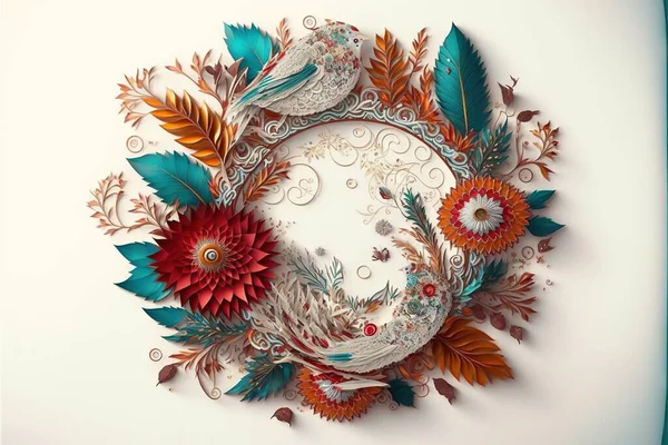 a paper art work of a bird and flowers on a white background with a blue border around it and a white circle with a red flower and green center surrounded by leaves and a blue.