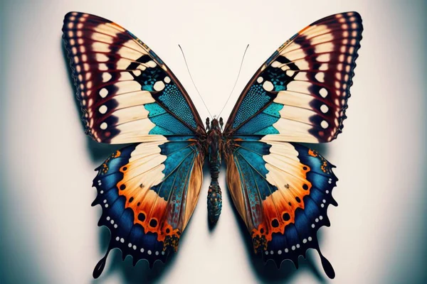 a colorful butterfly with a blue, orange and red wing on a white background with a shadow of its wing on the back of the butterfly\'s wing, with a white background with.