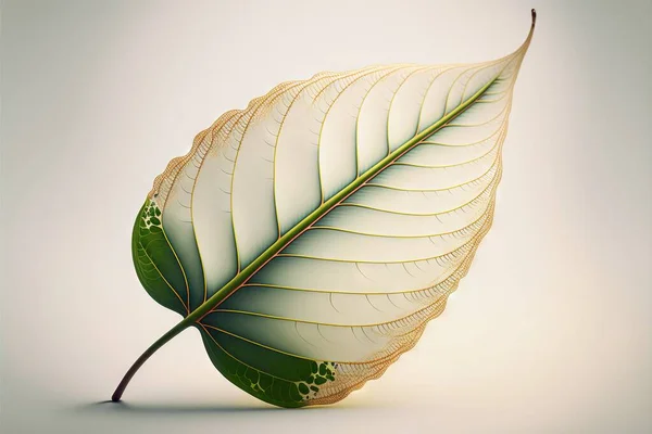 a large leaf with a long stem on a white background with a shadow of the leaf on the ground and a light reflection on the ground below it, with a shadow of the leaf.