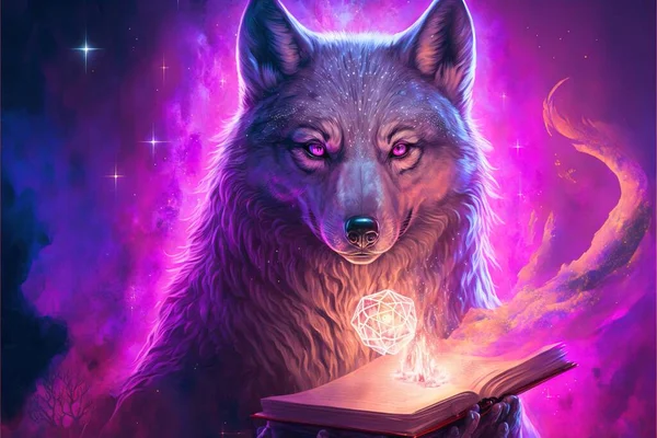 a wolf with a book in its paws and a glowing light in its mouth, with a purple background and a purple sky with stars and a glowing light shining in the middle of the.