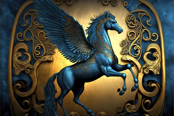 a blue horse with wings on a gold background with swirls and scrolls around it\'s edges and a blue background with a gold border around it, with a blue and gold border.