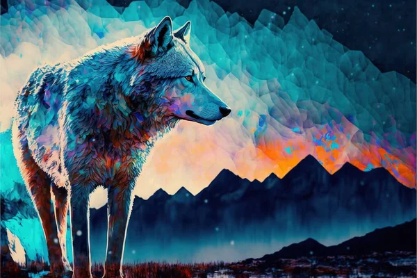 a painting of a wolf standing in front of a mountain range with a sunset in the background and a colorful sky with clouds and stars above it is a mountain range of mountains and a.