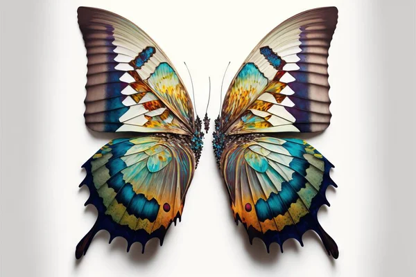 a butterfly with multicolored wings is flying in the air with its wings spread wide open and spread out to the side of the body of the body, with a white background,.