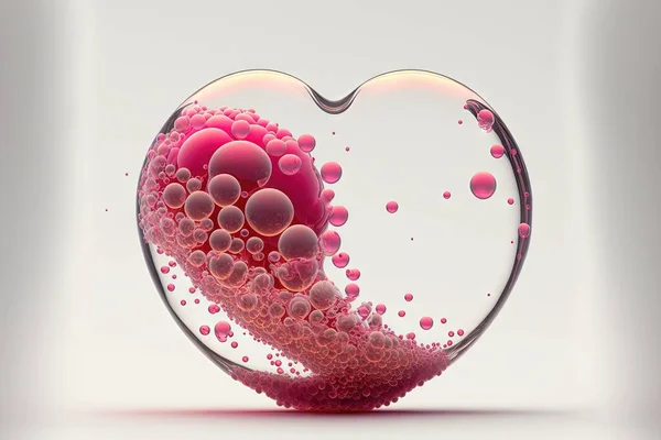 a heart shaped object with bubbles and a liquid inside it, on a white background, with a light reflection in the middle of the image, and a pink background, with a white.