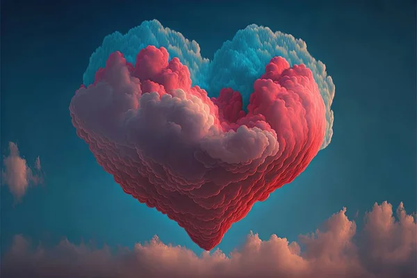 a heart shaped cloud floating in the sky with a blue sky background and clouds below it, with a pink and blue heart shaped cloud in the middle of the sky above the clouds,.
