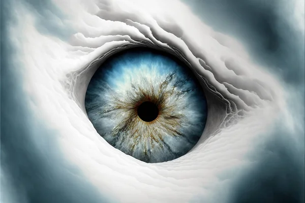 a painting of a blue eye with clouds in the background and a white frame around it that says, eye of the storm, and the eye of the storm, the eye of the storm. .